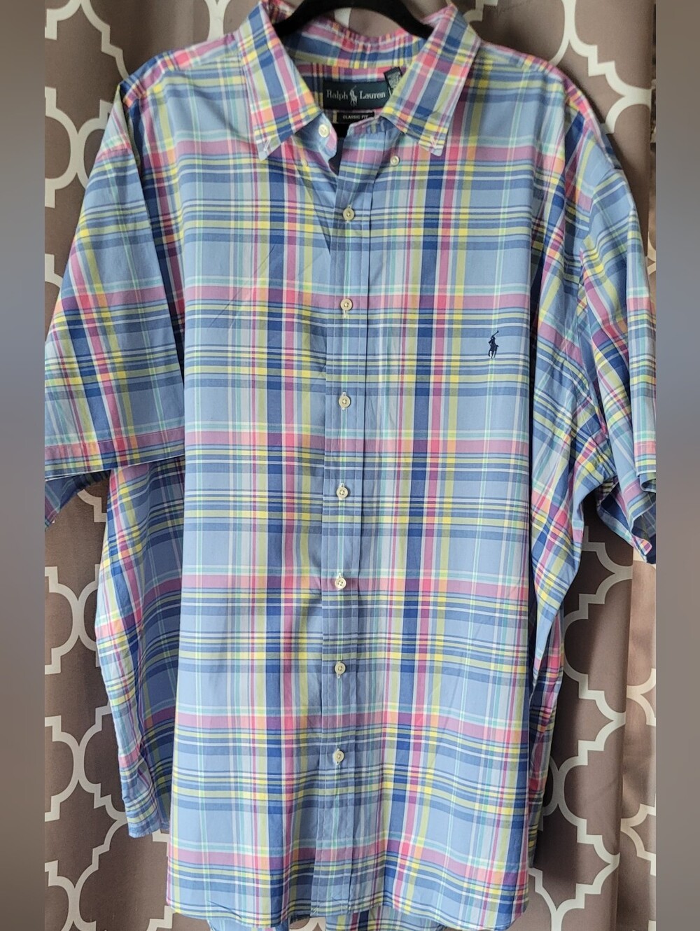 Big Mens Ralph Lauren Pastel Blue Plaid Short-Sleeve Button-Down Shirt